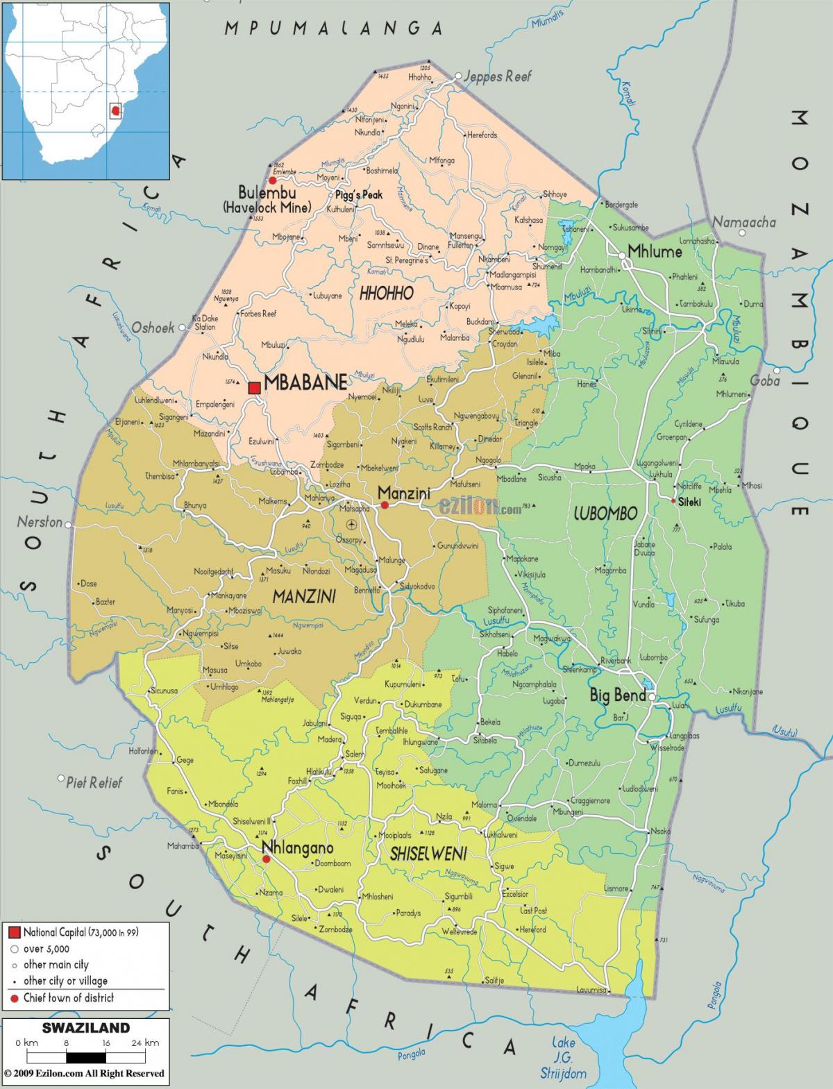 Kaart van manzini in Swaziland