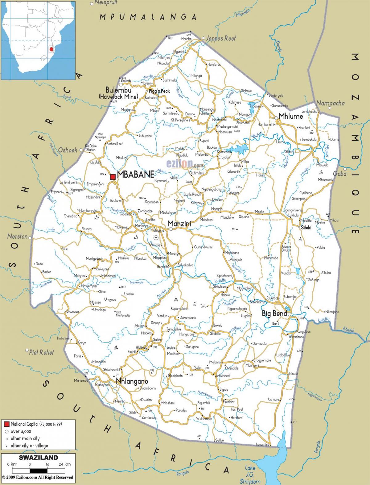 die kaart van Swaziland