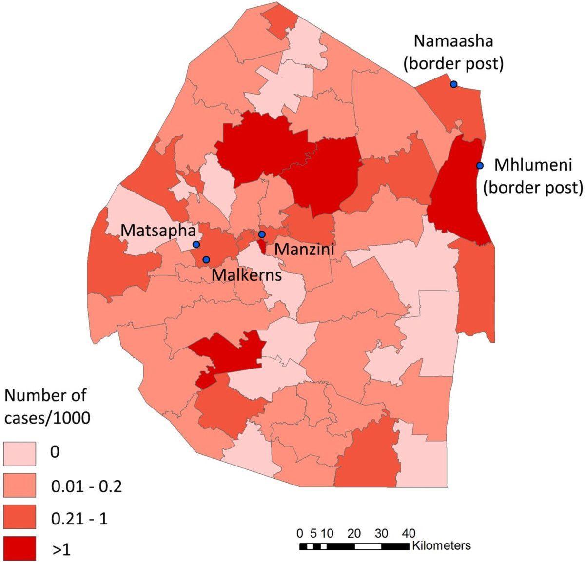 Kaart van Swaziland malaria