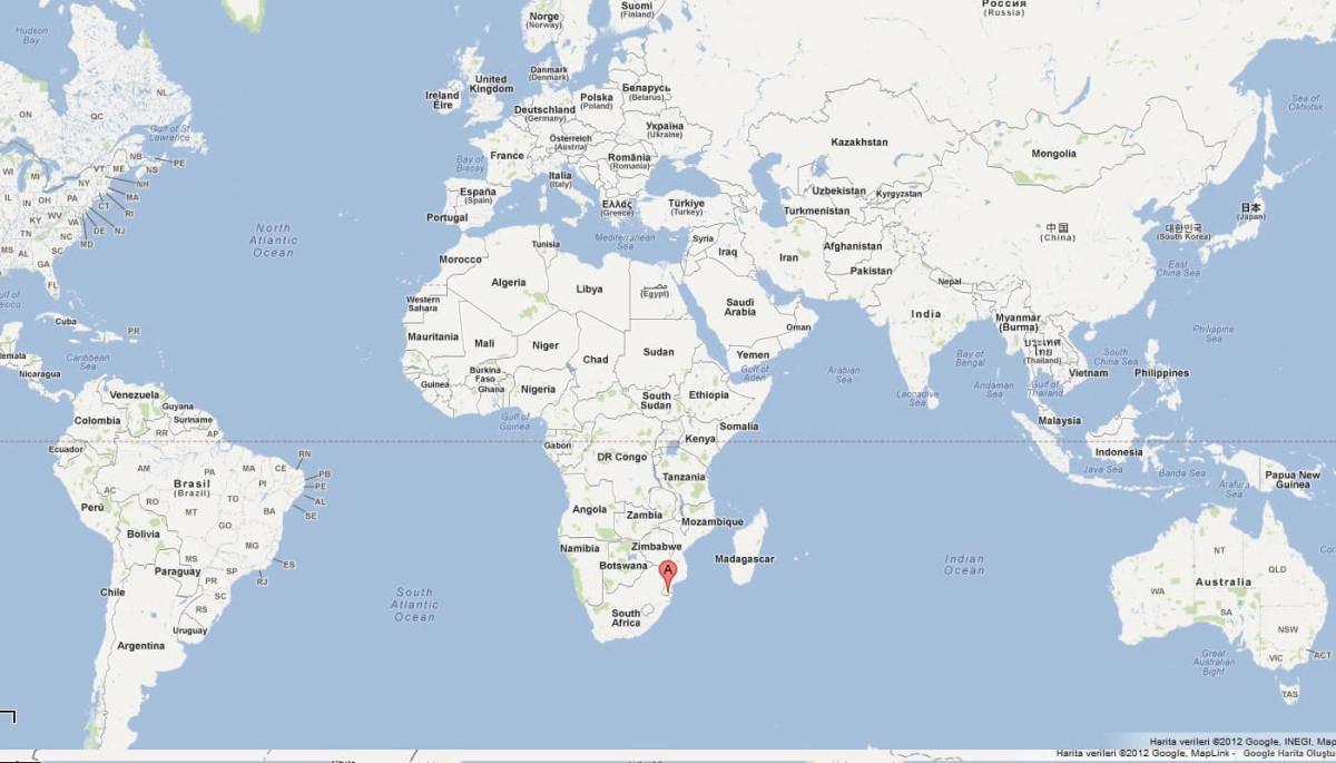 Kaart van Swaziland op die wêreld